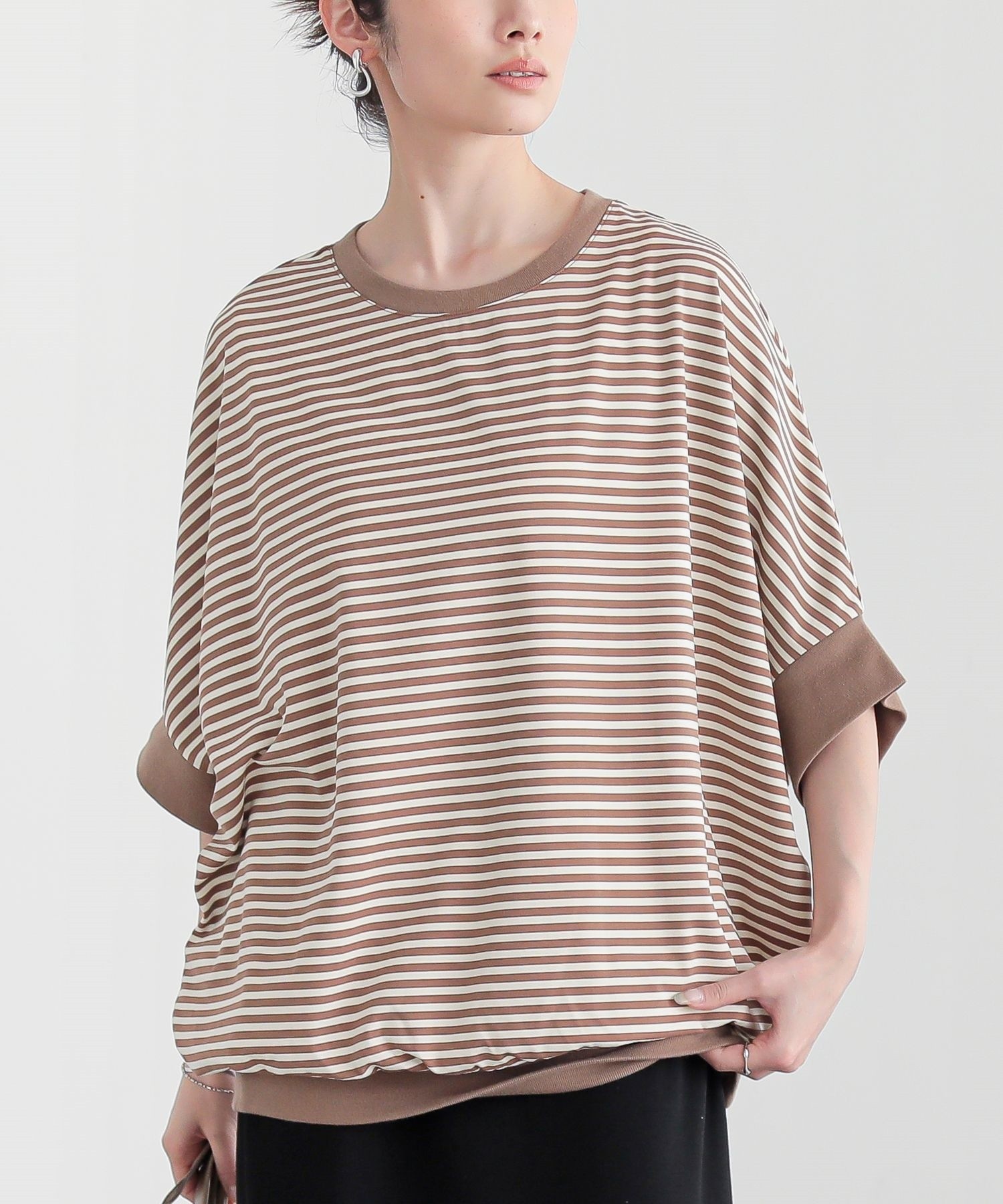 カットソー レディース トップス 半袖 Tシャツ ボーダー柄 ドルマン リブ ゆったり 配色 クルーネック 二の腕カバー 50代 春 夏「メール便可」「10」 | osharewalker | 03