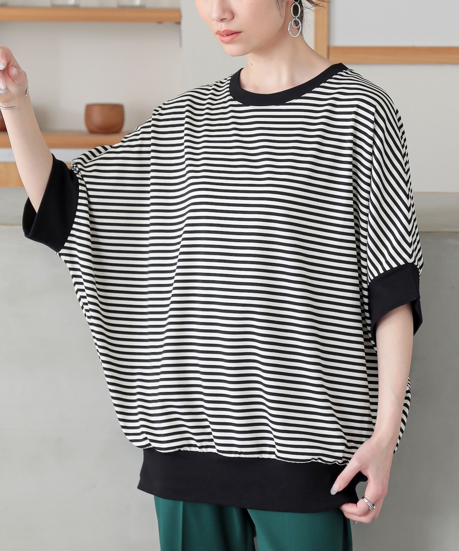 カットソー レディース トップス 半袖 Tシャツ ボーダー柄 ドルマン リブ ゆったり 配色 クルーネック 二の腕カバー 50代 春 夏「メール便可」「10」 | osharewalker | 04