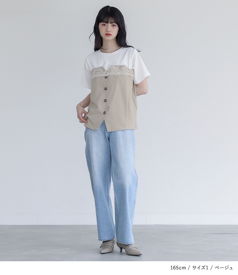 カットソー トップス Tシャツ 半袖 レディース セットアップ レイヤード 重ね着 レース 大人かわいい 白 50代 春 夏 秋「メール便可」「10」 | osharewalker | 05