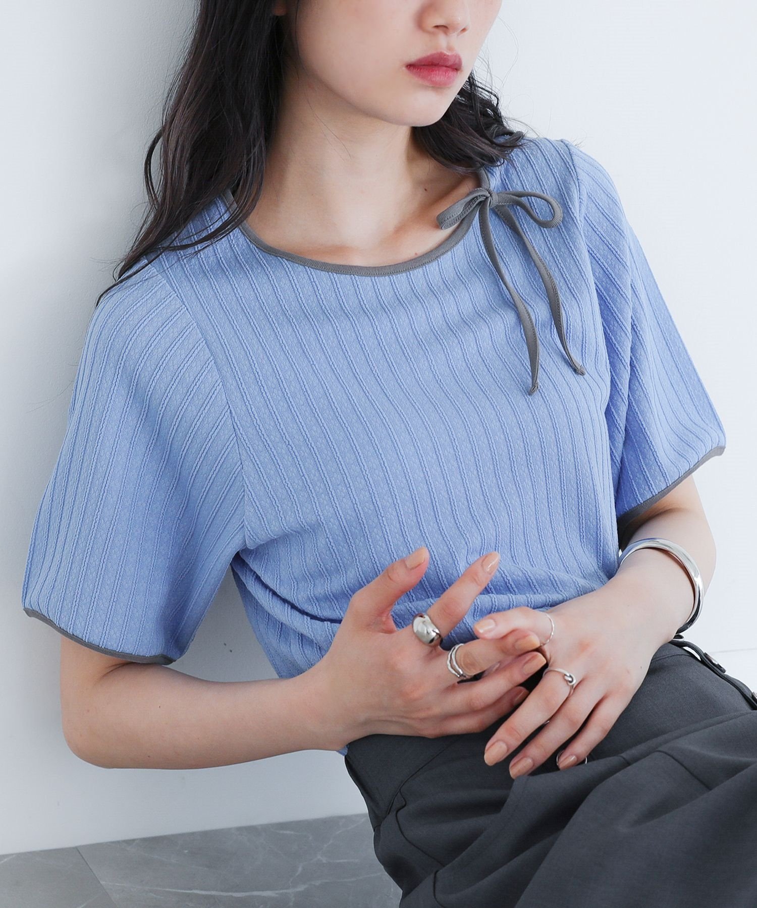 カットソー レディース トップス Tシャツ 半袖 パイピング リブ Uネック メロー 春 夏 「メール便可」「10」 | osharewalker | 01