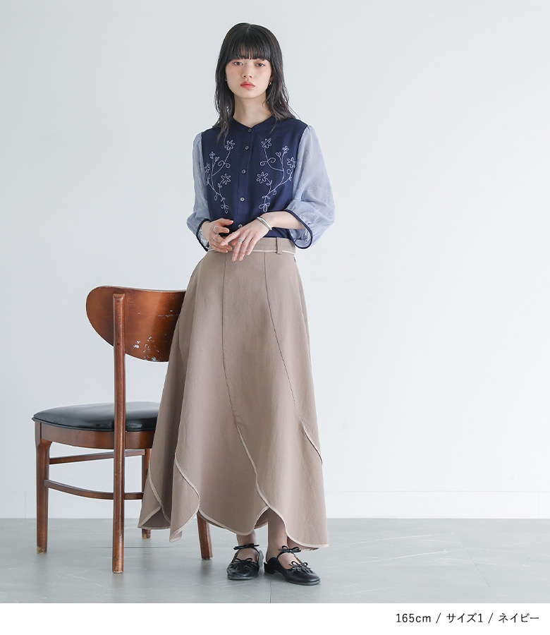 ブラウス 七分袖 レディース トップス シャツ バンドカラー 刺繍 花柄 シアー 透け感 シフォン 配色 異素材 春 夏「メール便可」「10」 osharewalker ブラウス 七分袖 レディース トップス シャツ