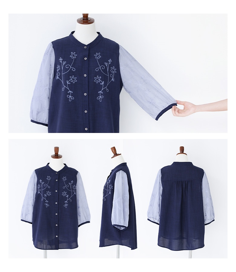 ブラウス 七分袖 レディース トップス シャツ バンドカラー 刺繍 花柄 シアー 透け感 シフォン 配色 異素材 春 夏「メール便可」「10」 osharewalker ブラウス 七分袖 レディース トップス シャツ