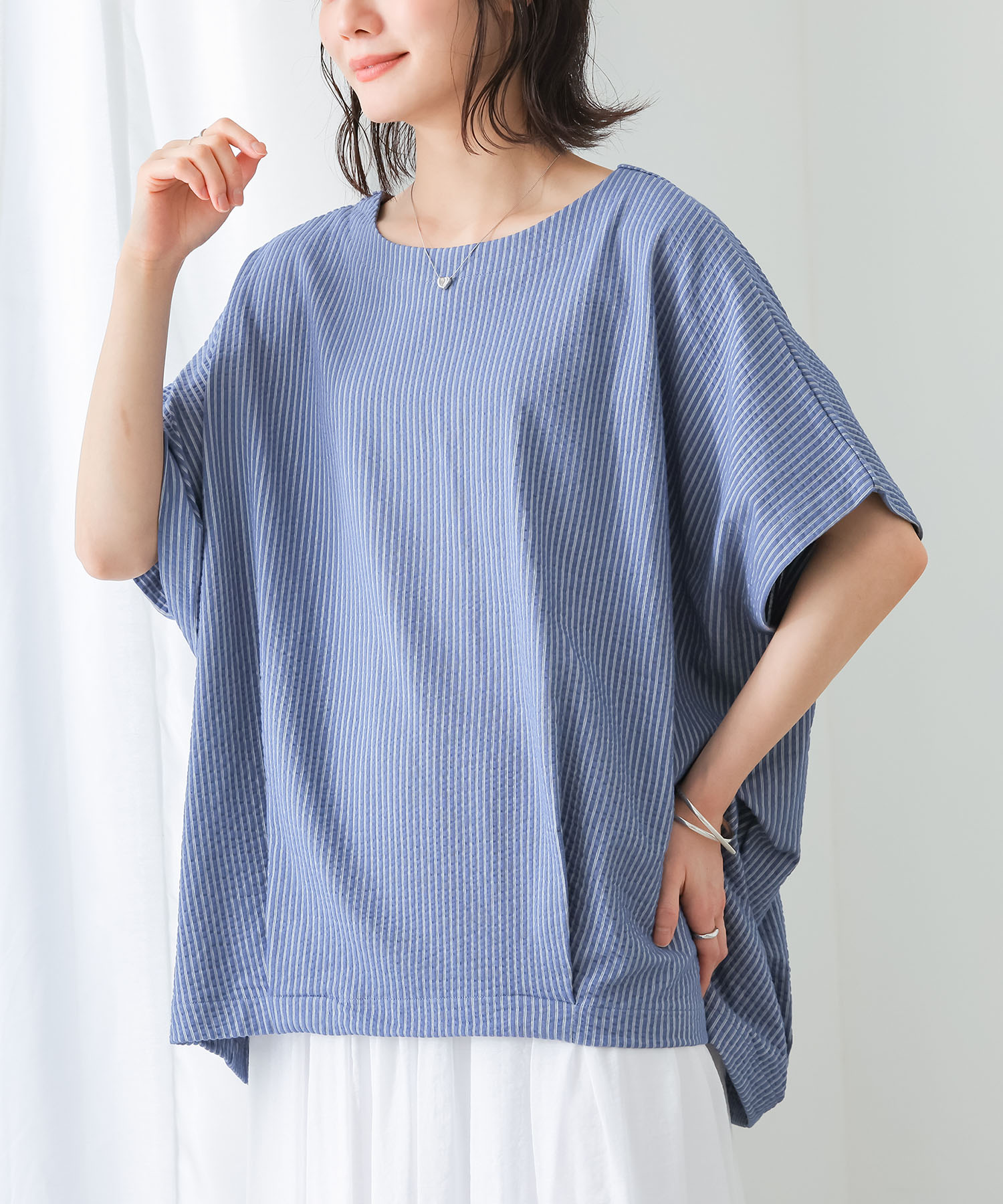 カットソー 半袖 レディース 夏 春 トップス Tシャツ ストライプ柄 ドルマン ブラウス プルオーバー ニットサッカー生地 ゆったり「メール便可」「10」 | osharewalker | 02