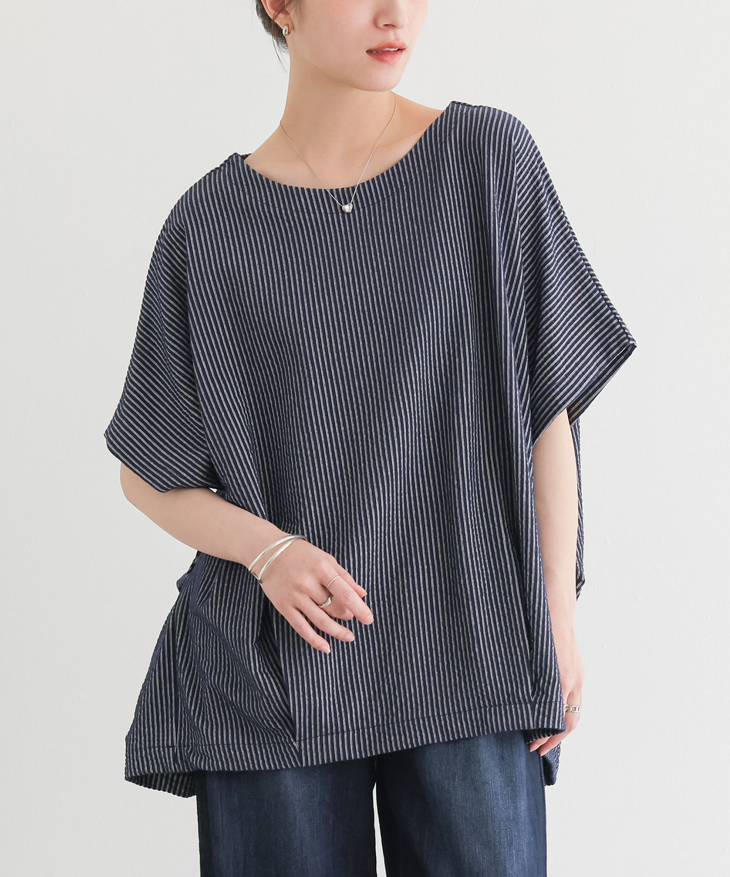 カットソー 半袖 レディース 夏 春 トップス Tシャツ ストライプ柄 ドルマン ブラウス プルオーバー ニットサッカー生地 ゆったり「メール便可」「10」 | osharewalker | 03