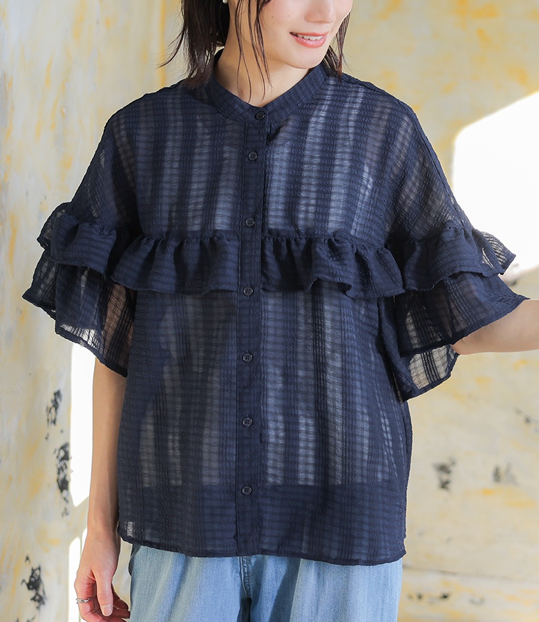qiri キリ 半袖 フリル ドット ブラウス 黒 シアー 透け感 ゆったり osharewalker（オシャレウォーカー） ブラウス レディース 春 夏