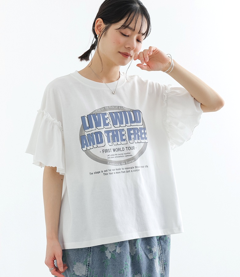 Tシャツ 半袖 レディース 春 夏 40代 50代 60代 白 フリル袖 ロゴT 体型カバー 大きいサイズ ゆったり オシャレウォーカー「メール便可」「10」 | osharewalker | 01