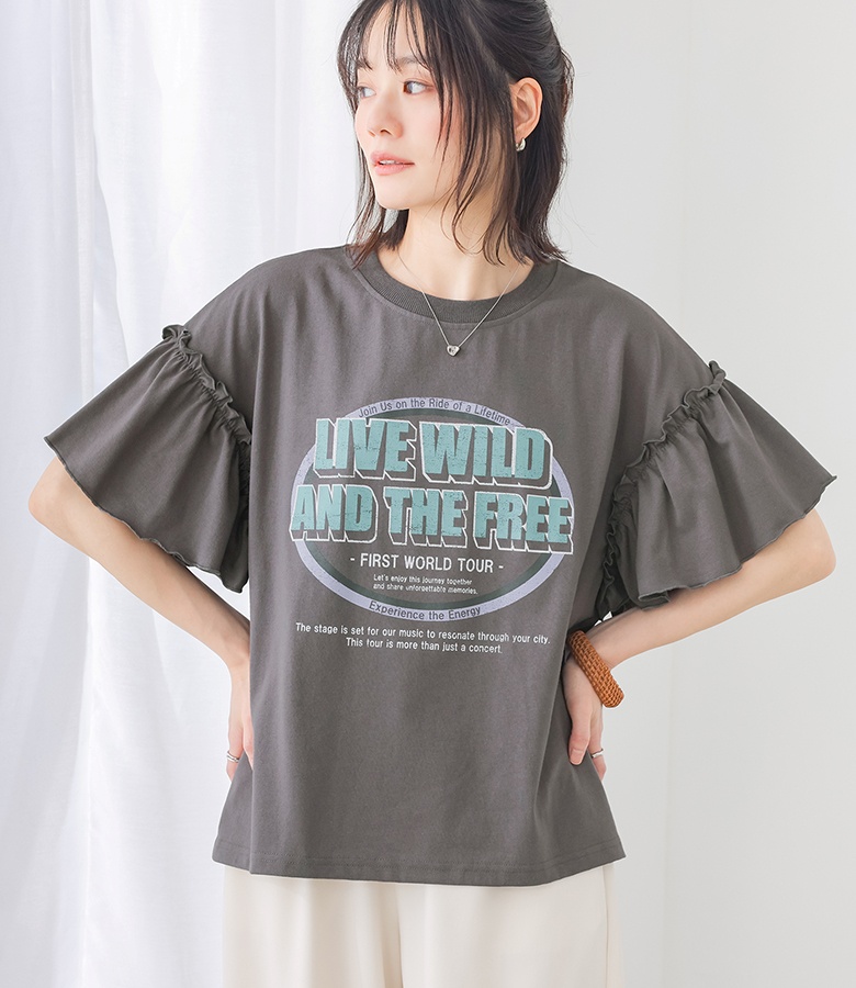 Tシャツ 半袖 レディース 春 夏 40代 50代 60代 白 フリル袖 ロゴT 体型カバー 大きいサイズ ゆったり オシャレウォーカー「メール便可」「10」 | osharewalker | 02