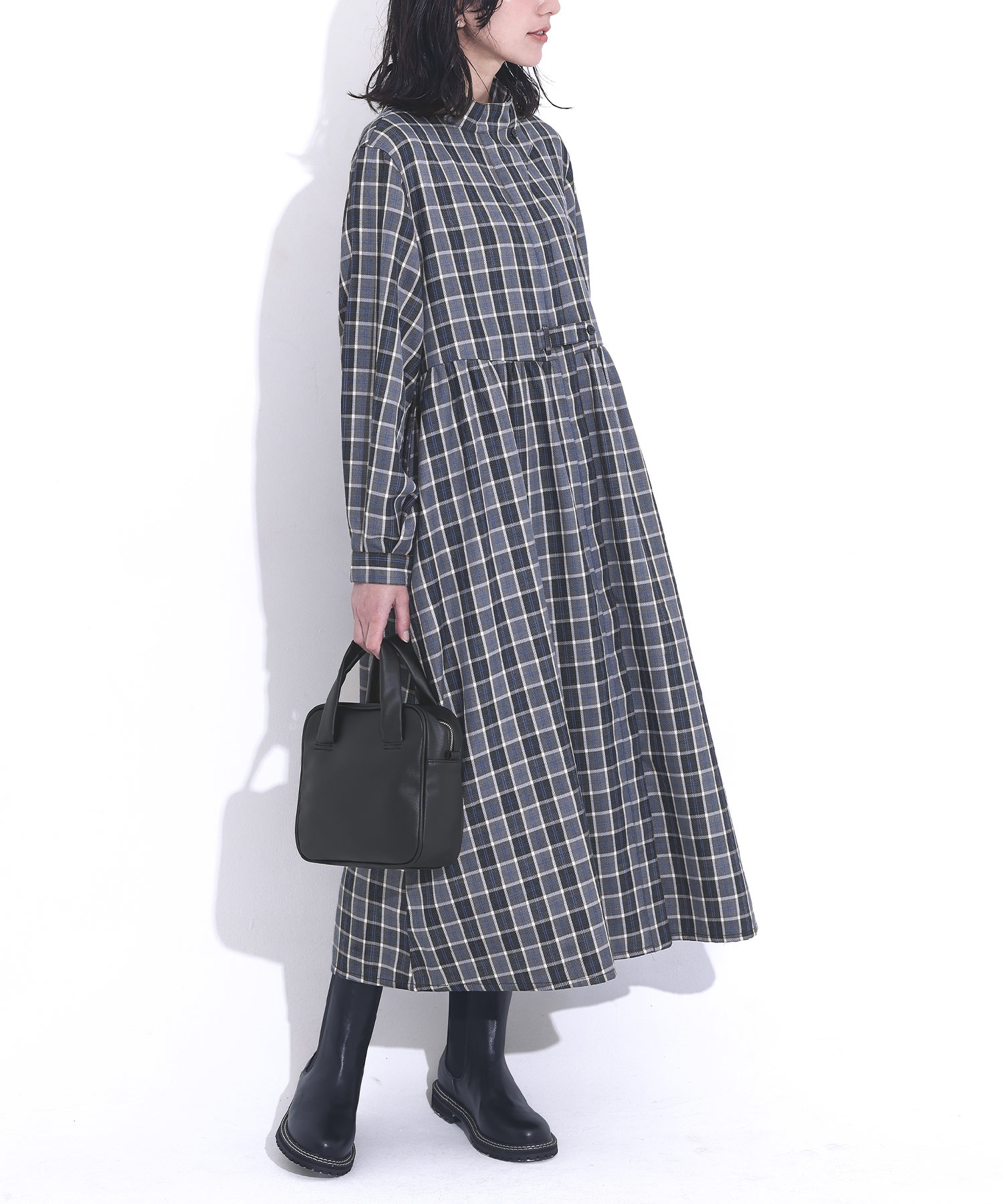 Favorite 長袖全円ワンピース チェック グレー XL 大きいサイズ