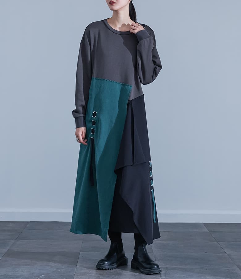 ＜冬新作＞【送料無料】『異素材3配色切替ワンピース』【メール便不可】【40】[ワンピース 長袖 レディース ドレス ロング丈 アシンメトリー アシメ 配色 切替 裏毛 裏地付き 起毛 あったか 秋 冬] osharewalker（オシャレウォーカー） ワンピース 長袖 レディース