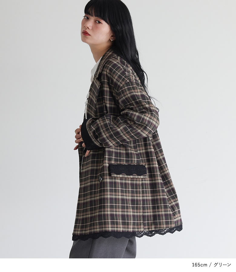 【送料無料】＜冬新作＞『オーバーサイズチェックジャケット』【メール便不可】【30】[ジャケット 長袖 レディース アウター ライトアウター 羽織 チェック柄 レース オーバーサイズ 秋 冬 春] osharewalker（オシャレウォーカー） ジャケット 長袖 レディース