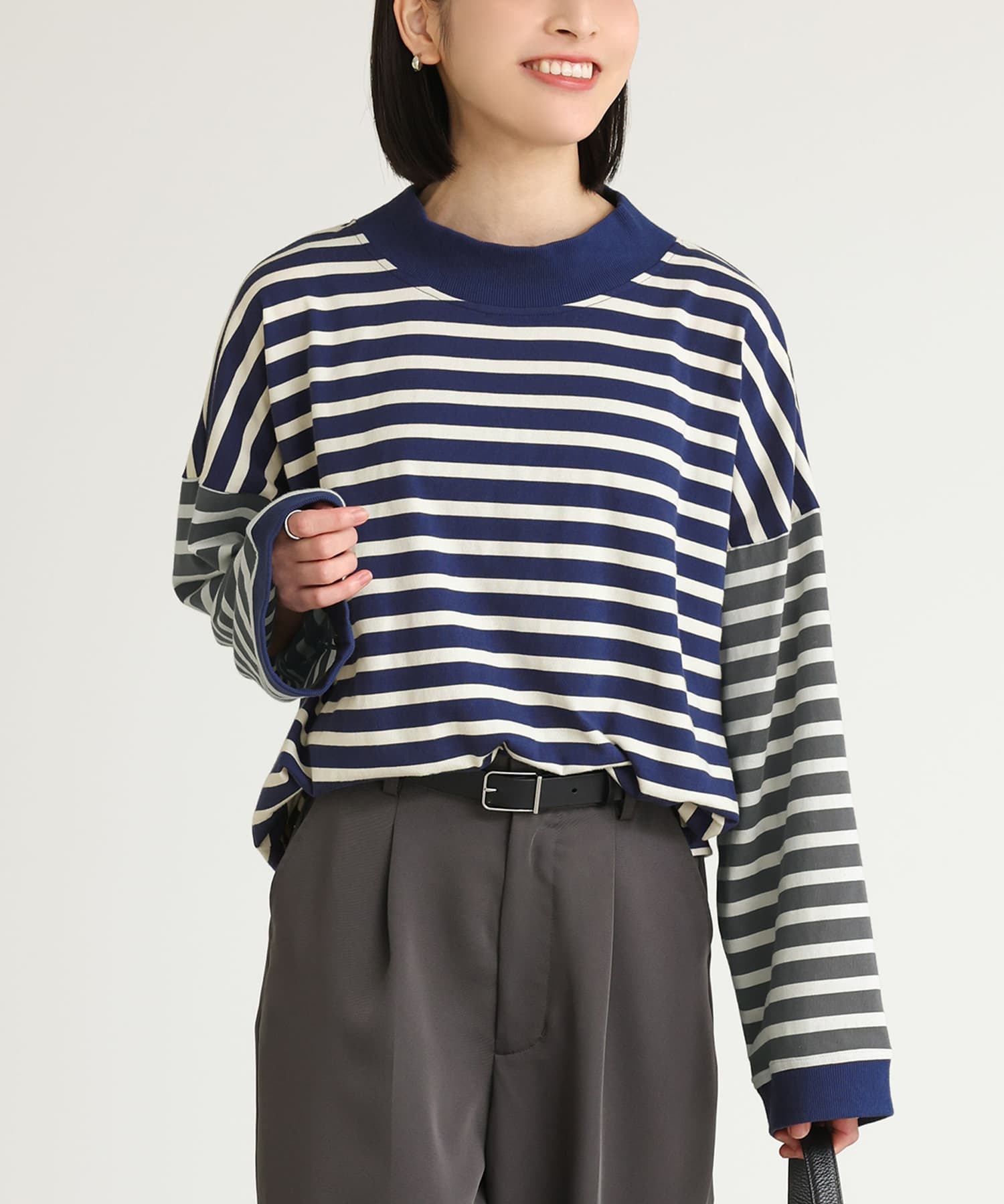 未使用品級☆　プリーツプリーズ　ネックウォーマー付き　　ボーダー　カットソー★ osharewalker カットソー レディース トップス Tシャツ ロンT