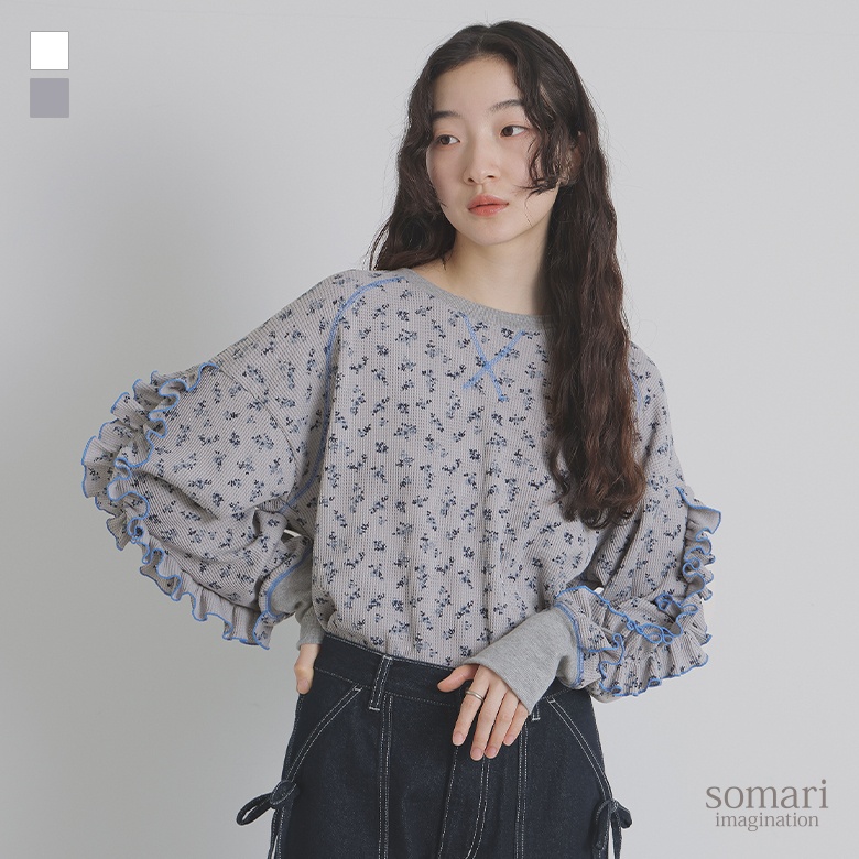 カットソー レディース プルオーバー Tシャツ ロングTシャツ ロンT クルーネック フリル ワッフル オシャレウォーカー※メール便可※【10】