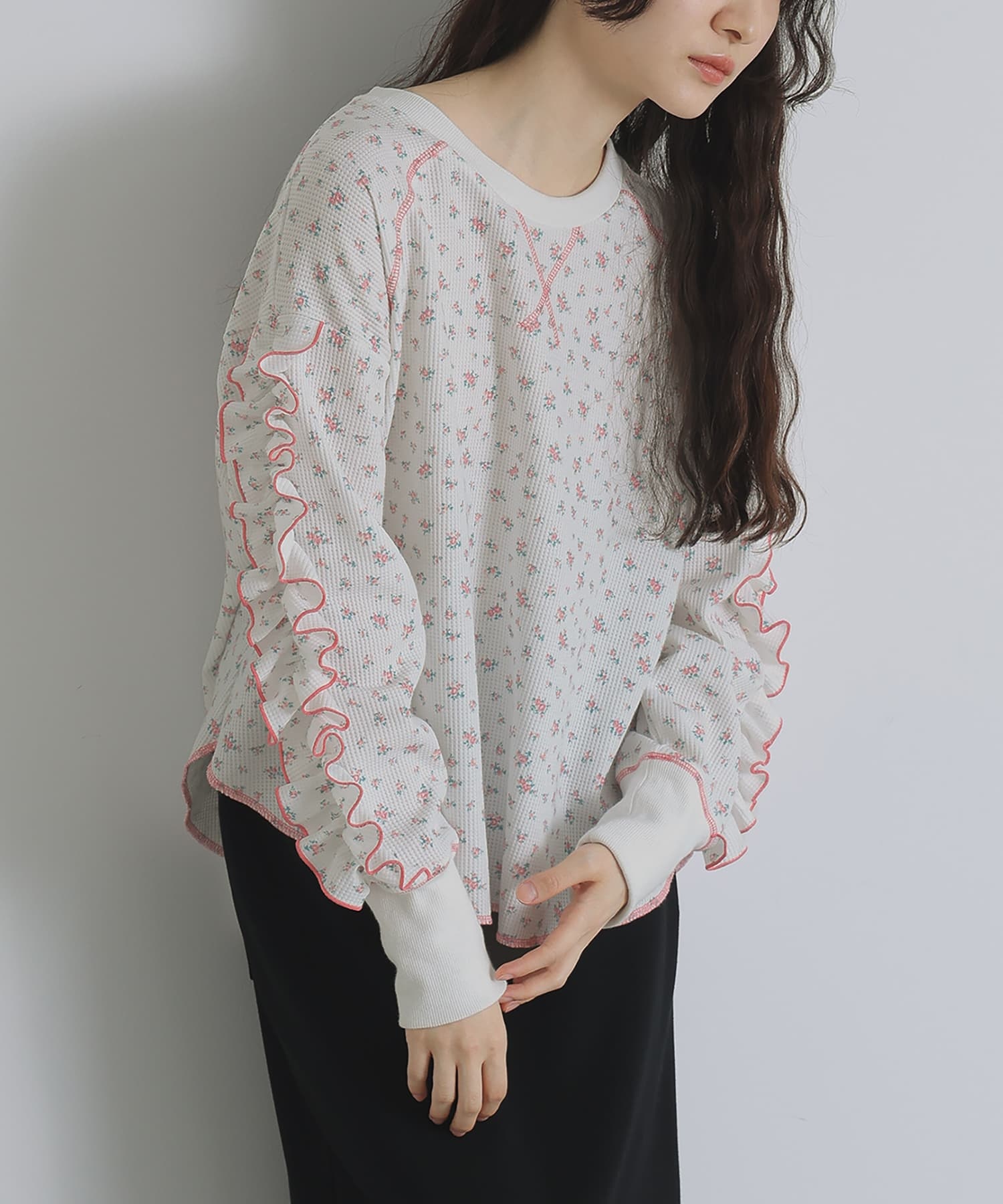 カットソー レディース プルオーバー Tシャツ ロングTシャツ ロンT クルーネック フリル ワッフル オシャレウォーカー※メール便可※【10】 osharewalker カットソー レディース プルオーバー Tシャツ