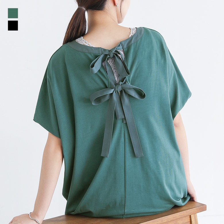 Tシャツ レディース トップス カットソー 半袖 リボン クルーネック レイヤード 重ね着 綿100％ ゆったり 体型カバー お尻が隠れる 春 夏「メール便可」「10」