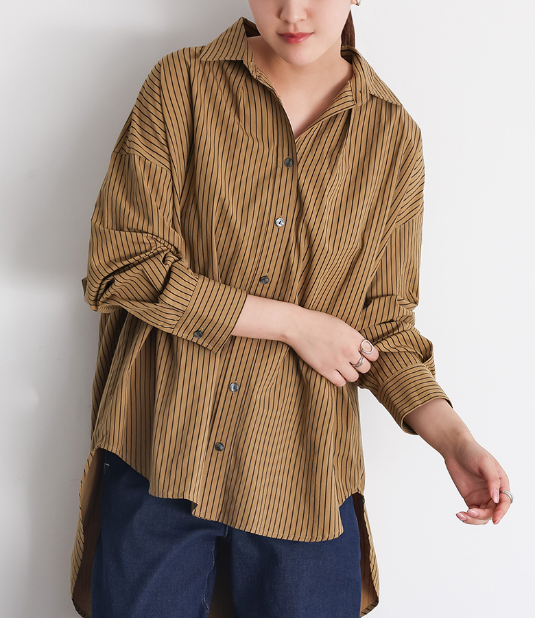 everyone コットン長袖シャツ キャメル Lサイズ osharewalker（オシャレウォーカー） 長袖シャツ レディース トップス