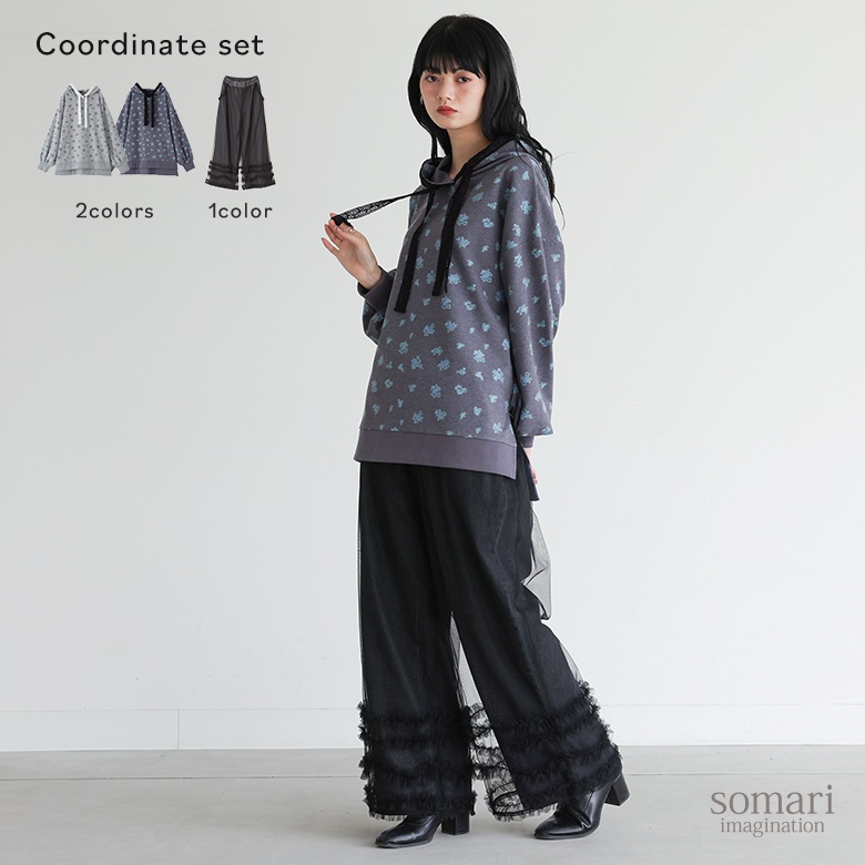 2点コーデセット 2026 レディース カットソー 長袖 トップス フード付き 花柄　デニム ボトムス ワイドパンツ ジーパン 「送料無料」「メール便不可」「40」 | osharewalker