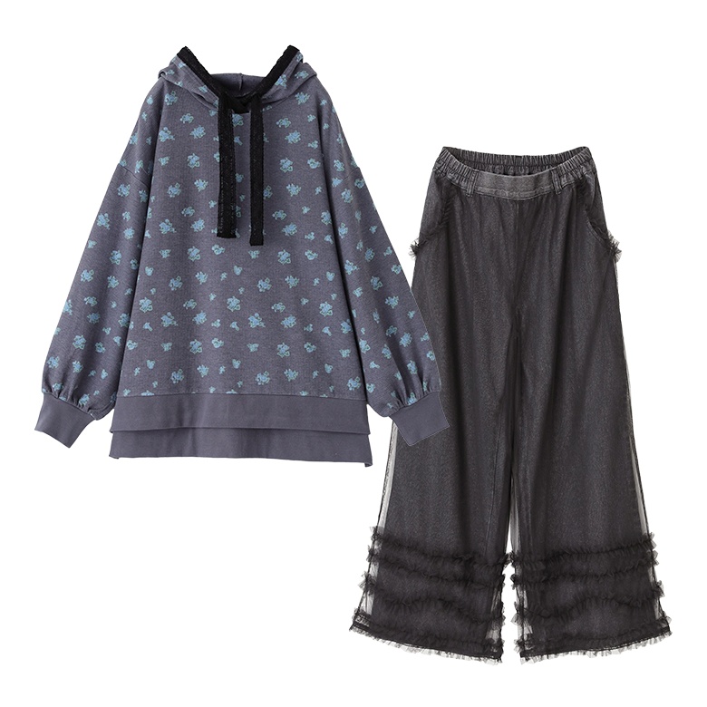 2点コーデセット 2026 レディース カットソー 長袖 トップス フード付き 花柄　デニム ボトムス ワイドパンツ ジーパン 「送料無料」「メール便不可」「40」 | osharewalker | 01