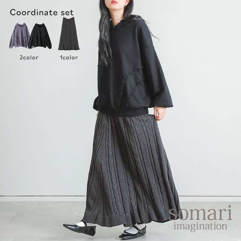 2点コーデセット 2026 レディース フレアスカート ニット ロング ボトムス パーカー 長袖 トップス スウェット フード付き 「送料無料」「メール便不可」「50」 | osharewalker