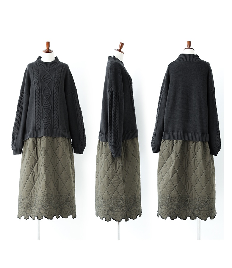 ＜冬新作＞【送料無料】『ケーブルニットキルティングドッキングワンピース』【メール便不可】【40】[ワンピース 長袖 レディース ドレス ロングワンピース 刺繍 ケーブルニット キルティング 中綿 ドッキング 秋 冬] osharewalker（オシャレウォーカー） ワンピース 長袖 レディース