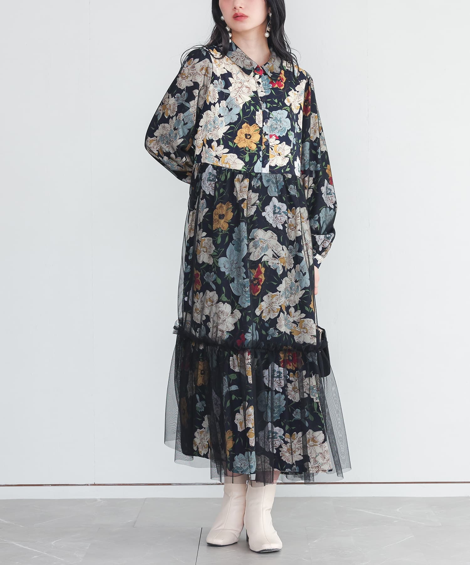 ロングシャツ シャツワンピース 花柄ワンピース 長袖 ワンピース