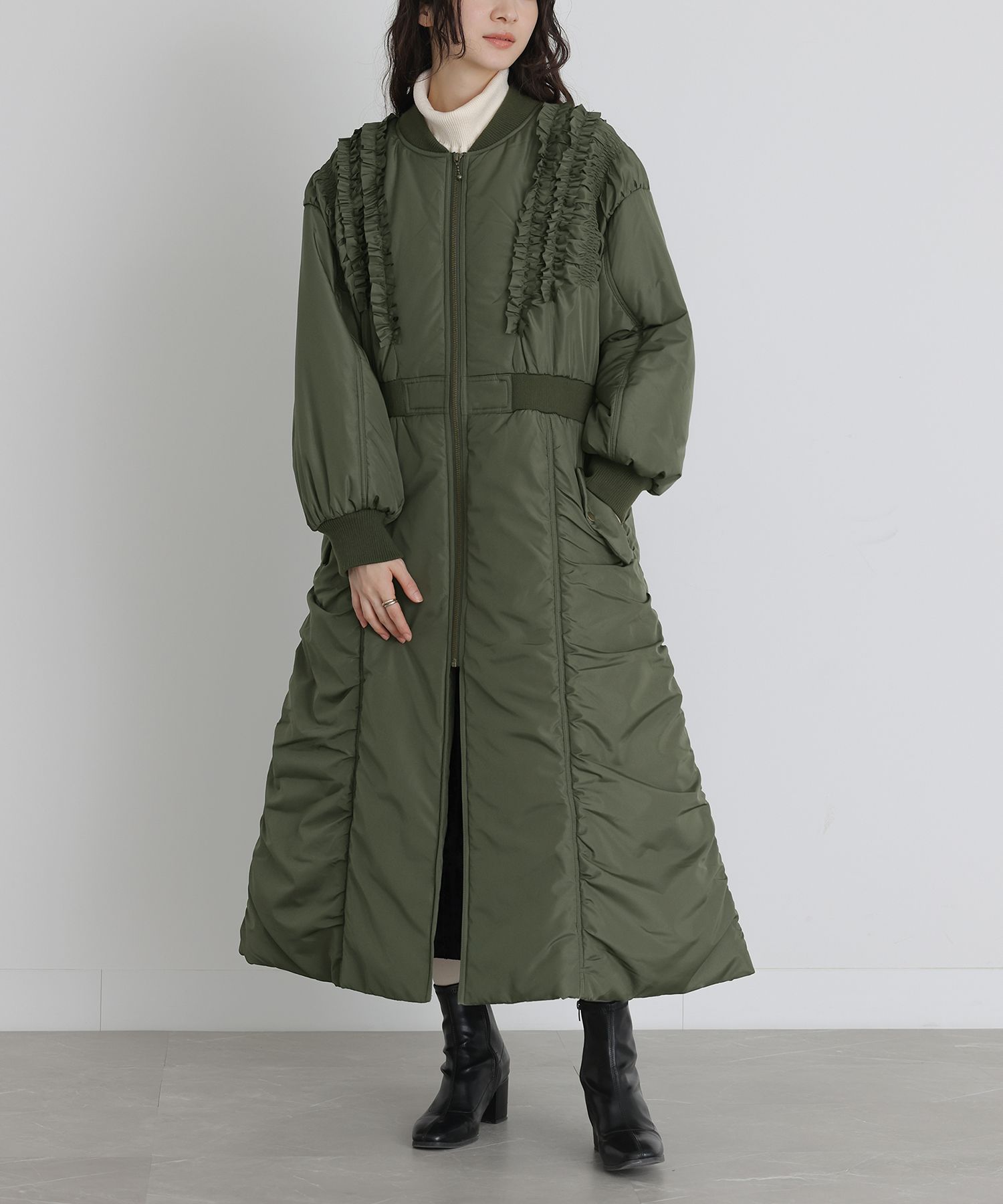 【HOBBS】オシャレグリーン◇洗練ウール100％ロングコート 知的で大人雰囲気に ウールコート ロングコート ダブルボタン