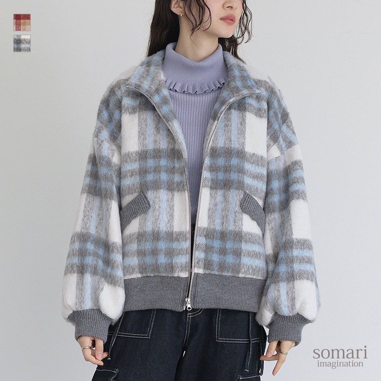 【送料無料】『起毛チェック柄ショートコート』【メール便不可】【50】[コート レディース アウター レディースコート 長袖 チェック柄 シャギー生地 ぽわん袖 オシャレウォーカー] osharewalker（オシャレウォーカー） コート レディース アウター