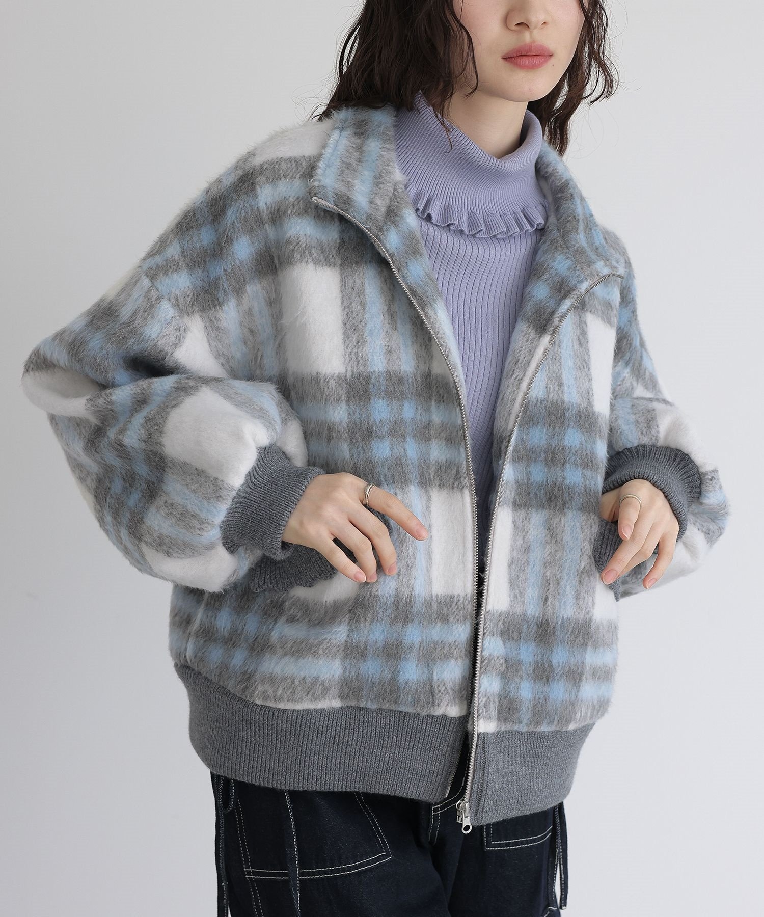 【送料無料】『起毛チェック柄ショートコート』【メール便不可】【50】[コート レディース アウター レディースコート 長袖 チェック柄 シャギー生地 ぽわん袖 オシャレウォーカー] osharewalker（オシャレウォーカー） コート レディース アウター