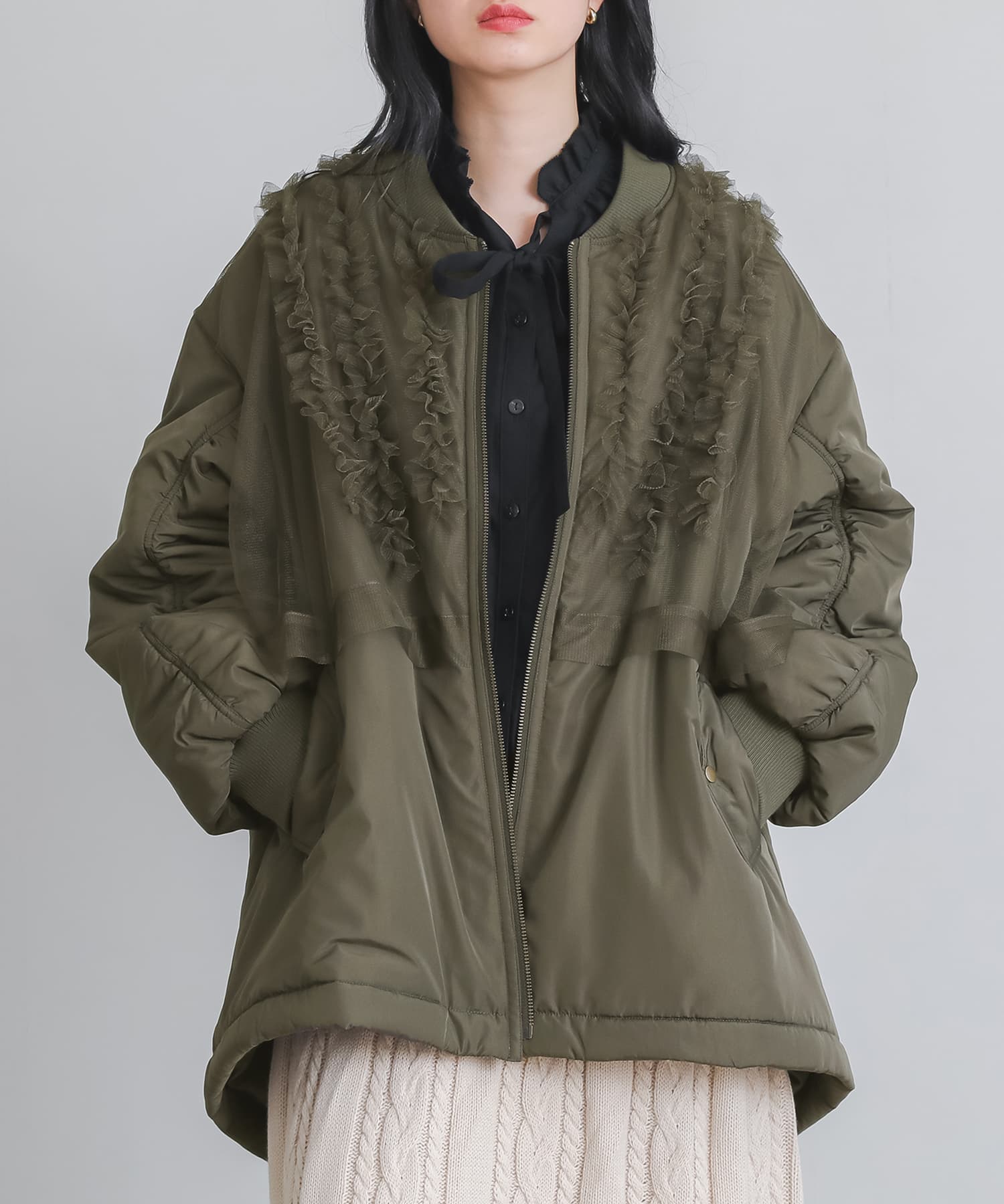 ＜冬新作＞【送料無料】『チュールフリルMA-１中綿ブルゾン』【メール便不可】【50】[ブルゾン 長袖 レディース アウター ミドル丈 羽織 MA-1 中綿 チュール フリル レイヤード 秋 冬] osharewalker（オシャレウォーカー） ブルゾン 長袖 レディース