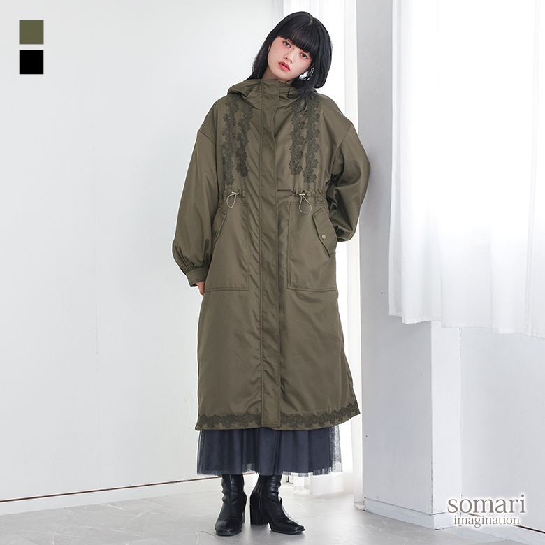 ＜冬新作＞【送料無料】『レースモチーフモッズコート』【メール便不可】【50】[モッズコート ロング丈 レディース アウター コート 長袖 フード付き キルティング レース ぽわん袖 フレア 秋 冬] osharewalker（オシャレウォーカー） モッズコート ロング丈