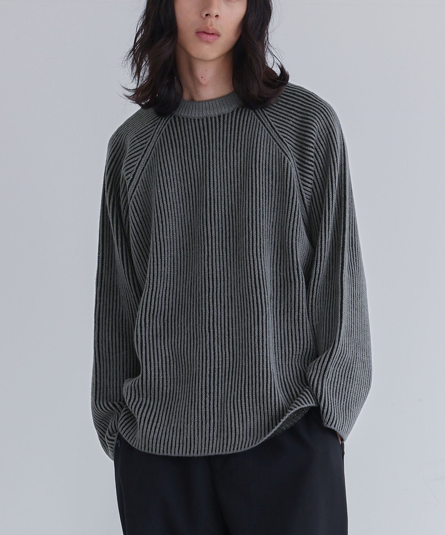 EVERDAY I LIKE. ｜ブラックリブニット 七分袖 a0676 osharewalker トップス メンズ ニット 長袖 リブ 配色 リブ編み