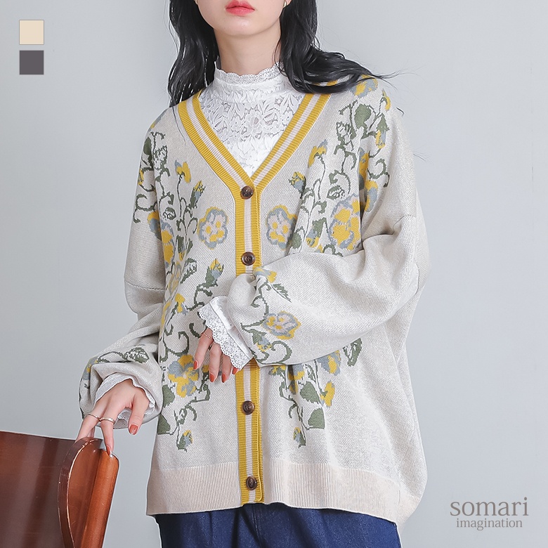 ＜冬新作＞【送料無料】『花柄ジャカードニットカーディガン』【メール便不可】【20】[カーディガン 長袖 レディース トップス ニット ライトアウター 羽織 花柄 ジャガード ジャカード コットン混 秋 冬] osharewalker（オシャレウォーカー） カーディガン 長袖 レディース