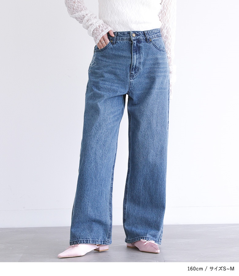 デニム レディース ボトムス パンツ ロング丈 ワイド ストレート ジーンズ 綿100％ 花柄 50代 春 夏 秋 冬 「メール便不可」「20」 | osharewalker | 02