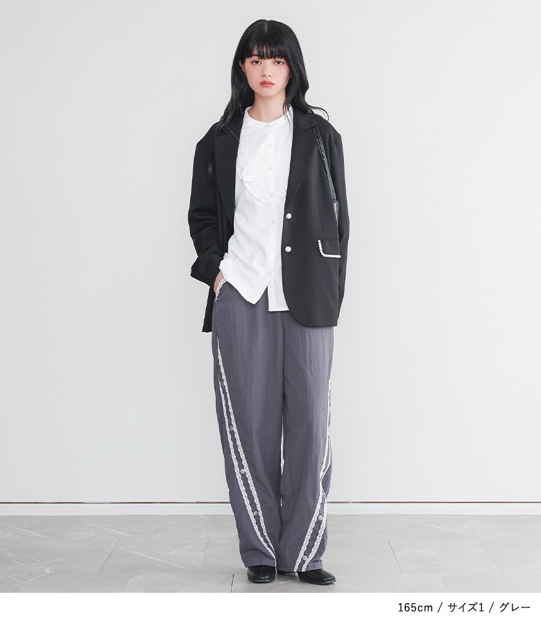 パンツ レディース ボトムス ロング丈 カーブパンツ ワイド テーパード ナイロン レース ライン柄 40代 50代 春 夏 秋 冬 「メール便可」「10」 | osharewalker | 03