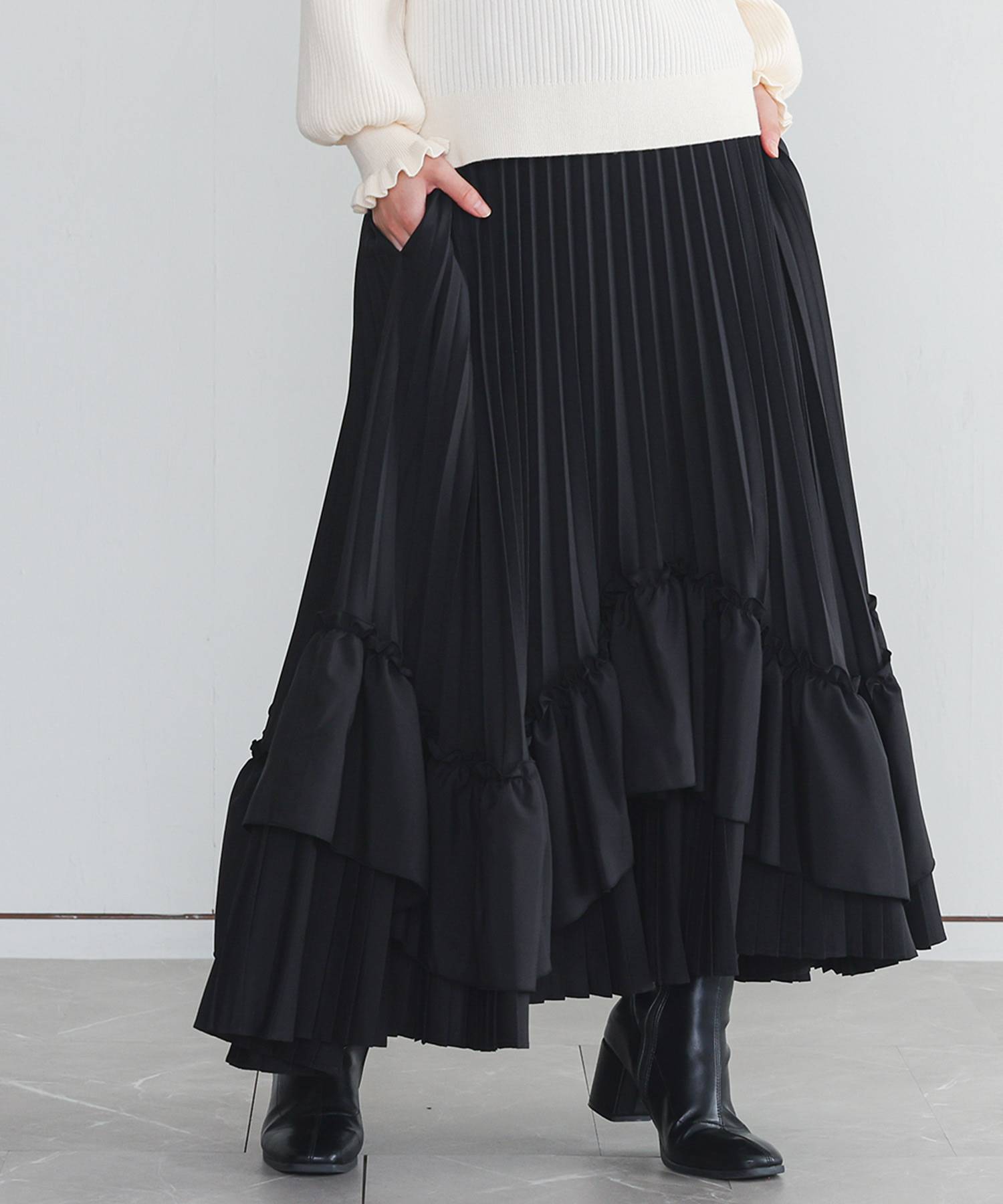 45R プリーツスカート　ブラック　コットン FS45898 脇ゴムソフトプリーツスカート｜医療用白衣・介護ユニフォーム
