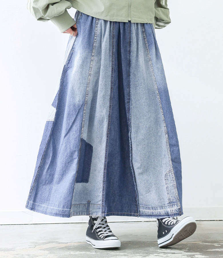ロングスカート レディース デニム パッチワーク 綿100％ コットン100％ 春 夏 秋 冬 オールシーズン オシャレウォーカー「メール便不可」「20」 | osharewalker | 01