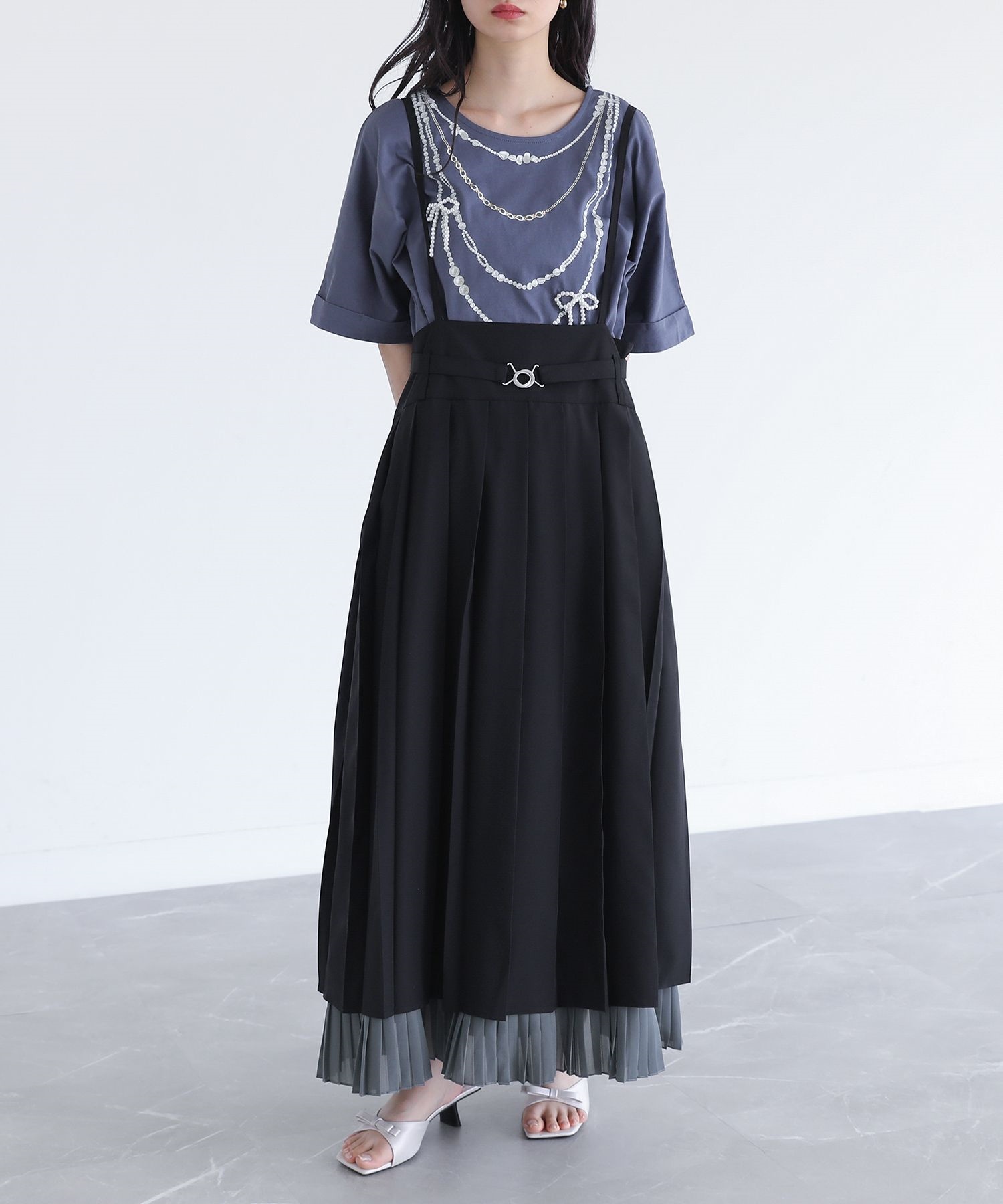 ワンピース レディース ドレス ロング丈 キャミワンピ プリーツ 配色 調節可能 ハイウエスト 春 夏 秋 冬 「メール便不可」「40」 | osharewalker | 02