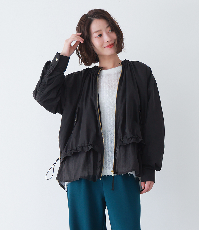 【感謝価格】【送料無料】【メール便不可】【20】ブルゾン レディース アウター ジャケット 長袖 フリル 異素材MIX 羽織り ライトアウター ドロスト シアー 透け感 シフォン ノーカラー ポケット付き 春 秋 大人カジュアル モード OUKA オウカ ◇ osharewalker（オシャレウォーカー） 「感謝価格」「送料無料