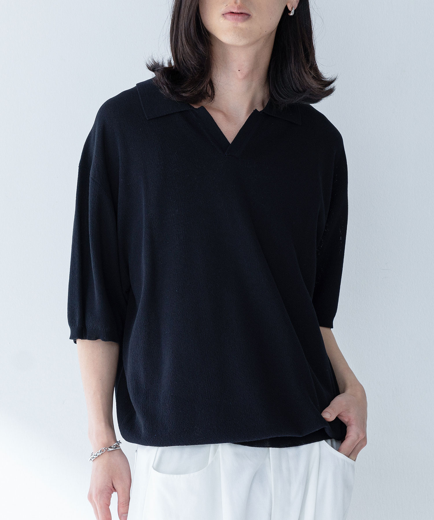 OHOTORO 半袖 ポロニット ブラック osharewalker（オシャレウォーカー） ニットポロ 半袖 メンズ 夏 春