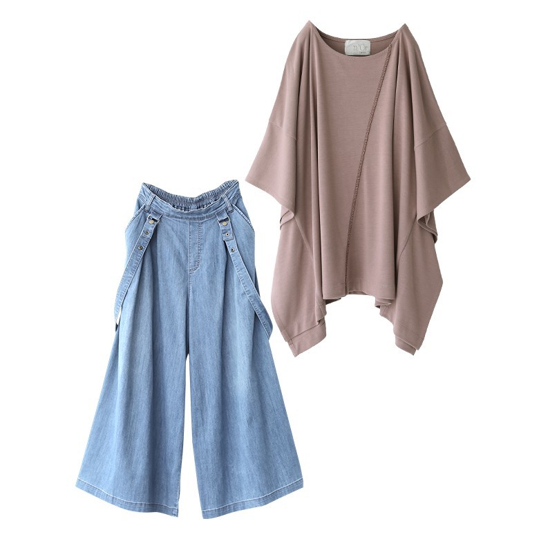 福袋 レディース ドルマンカットソー 半袖 接触冷感 紫外線対策 ワイドデニム 真夏でも快適に ひんやり冷感コーデ2点set 返品 交換不可 メール便不可 オシャレウォーカー 通販 Paypayモール