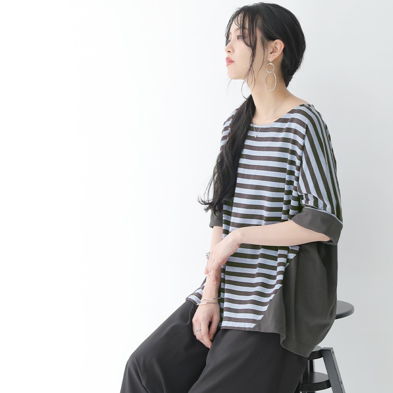 レディース ボーダー柄 Tシャツ ガウチョパンツ ワイド ロング 異素材