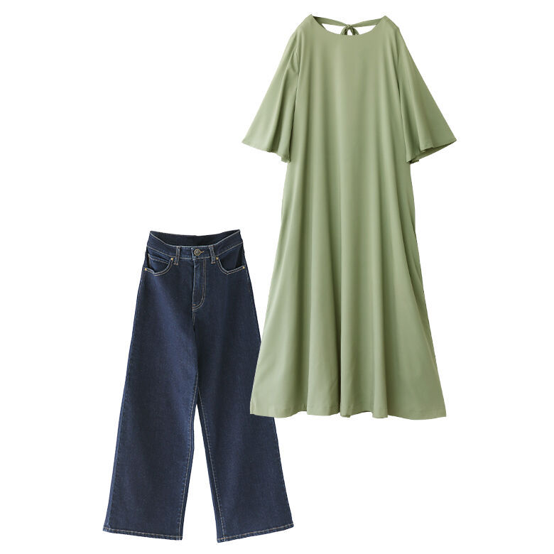 送料無料 福袋 レディース ロング ワンピース 半袖 デニムパンツ 重ね着 爽やかカラーのレイヤードコーデ2点set 返品 交換不可 メール便不可 オシャレウォーカー 通販 Paypayモール