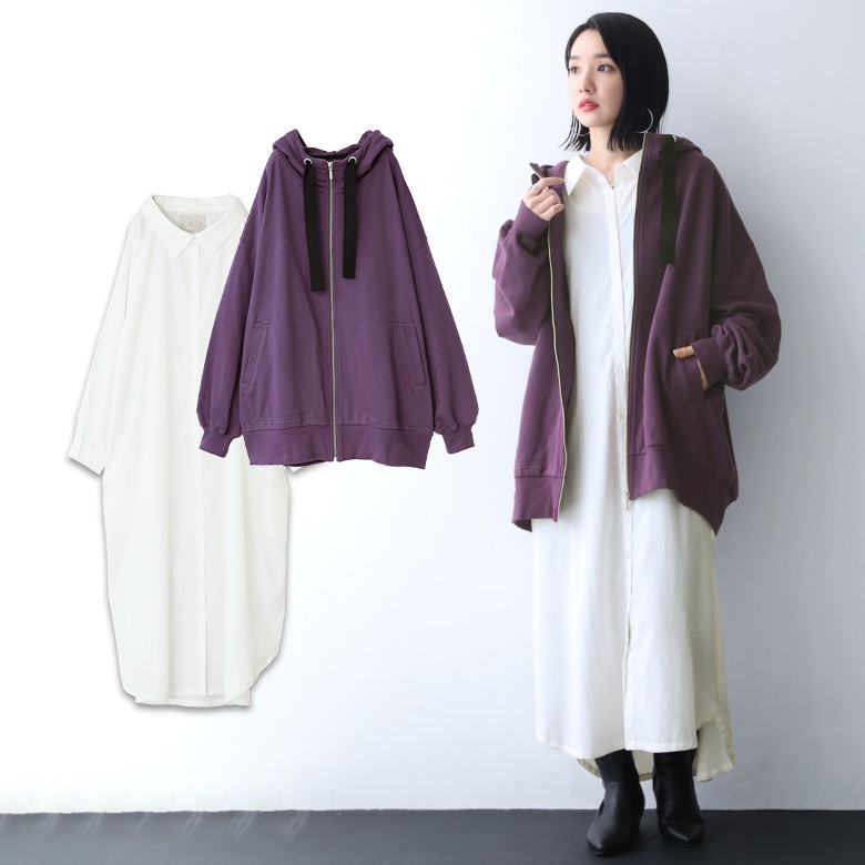 ショッピン 福袋 オシャレウォーカー 通販 Paypayモール レディース パーカー ロングワンピース シャツワンピ 今秋注目パープルのパーカーが主役のコーデ2点set 返品 交換不可 ライトアウ