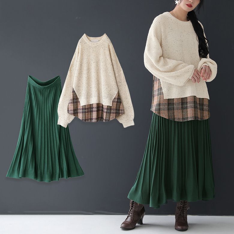 人気日本製 福袋 オシャレウォーカー 通販 Paypayモール レディース ドッキングニット チェック ニットスカート お洒落なレイヤードスタイルが叶うコーデ2点set 返品 交換不可 超激得格安