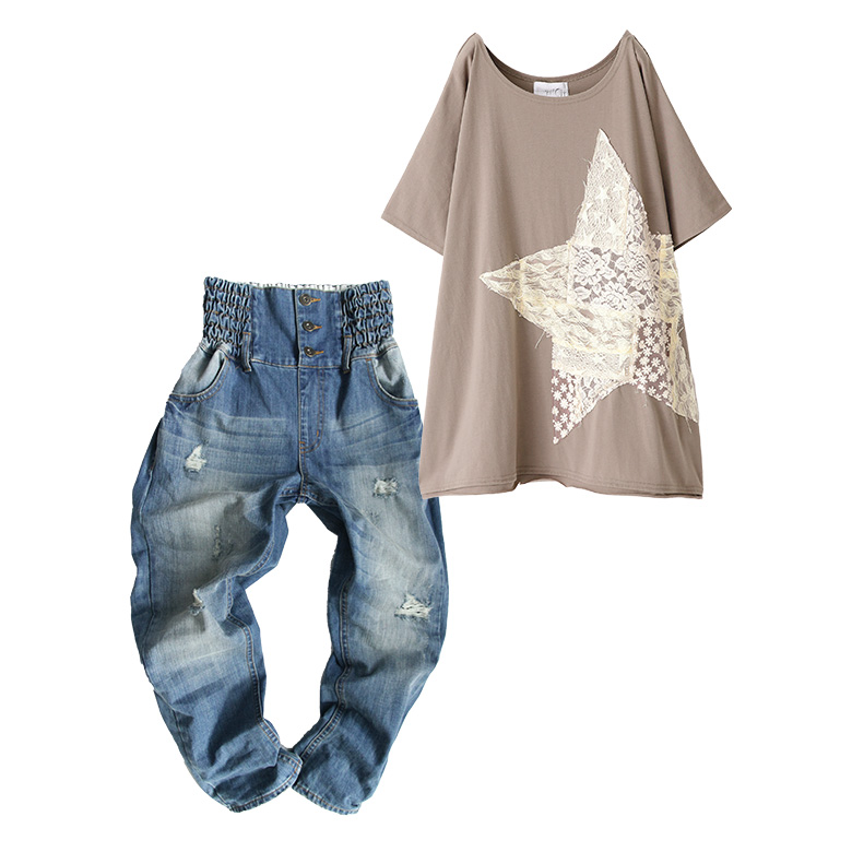 送料無料 福袋 レディース Tシャツ 星柄 ダメージデニム ロングパンツ 個性的な目を惹く大人のtシャツコーデ2点set 返品 交換不可 メール便不可 オシャレウォーカー 通販 Paypayモール