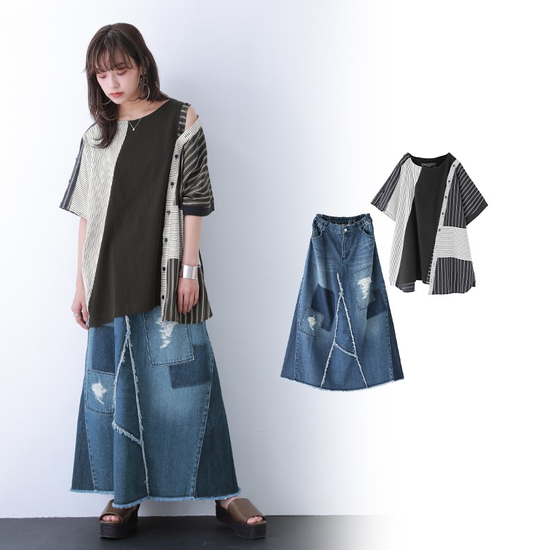 【送料無料】レディース Tシャツ ストライプ柄 変形 デニムスカート