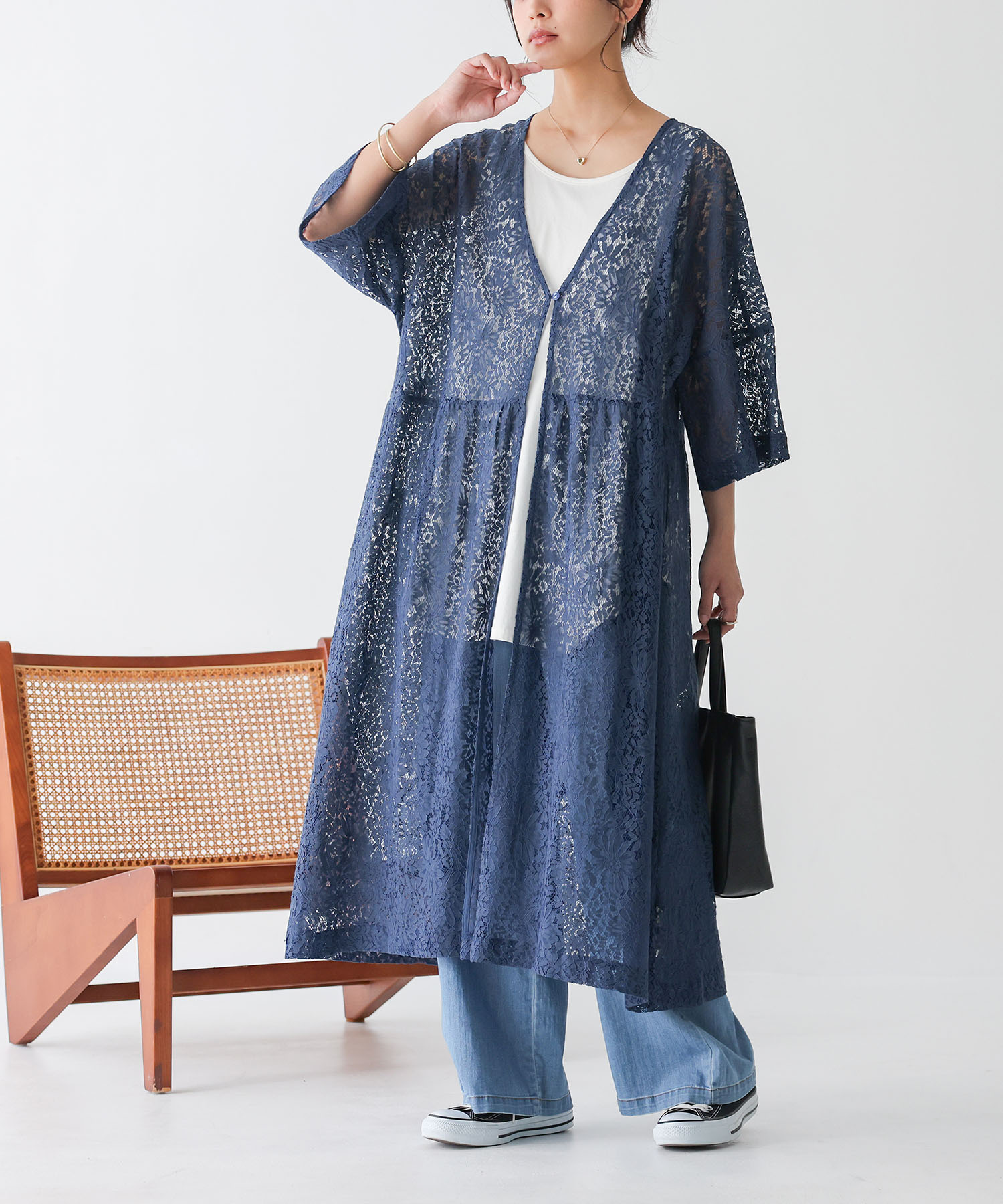 【タグ付き】ソワールドルチェ　花柄レース ロングカーディガン くすみブルー13号 タグ付き】ソワールドルチェ 花柄レース ロングカーディガン くすみ