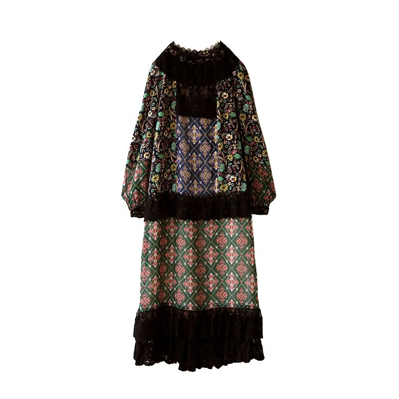 ロングワンピース レディース 長袖 柄ワンピ レース ブラウジング 贅沢レースヴィンテージデザインワンピース 返品交換不可 メール便不可 オシャレウォーカー 通販 Paypayモール