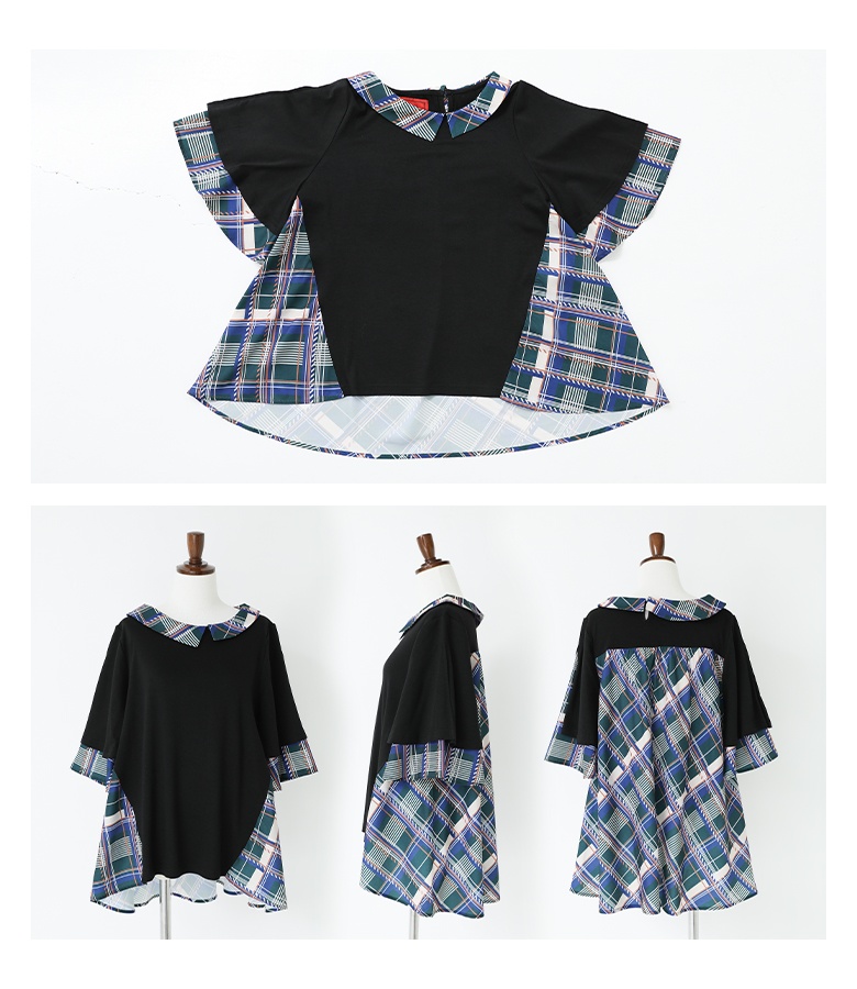 Tシャツ レディース 春夏 トップス カットソー 半袖 チェック柄 アシメ アシンメトリー 重ね袖 おうちで洗える フレア「メール便可」「10」 osharewalker Tシャツ レディース 春夏 トップス カットソー