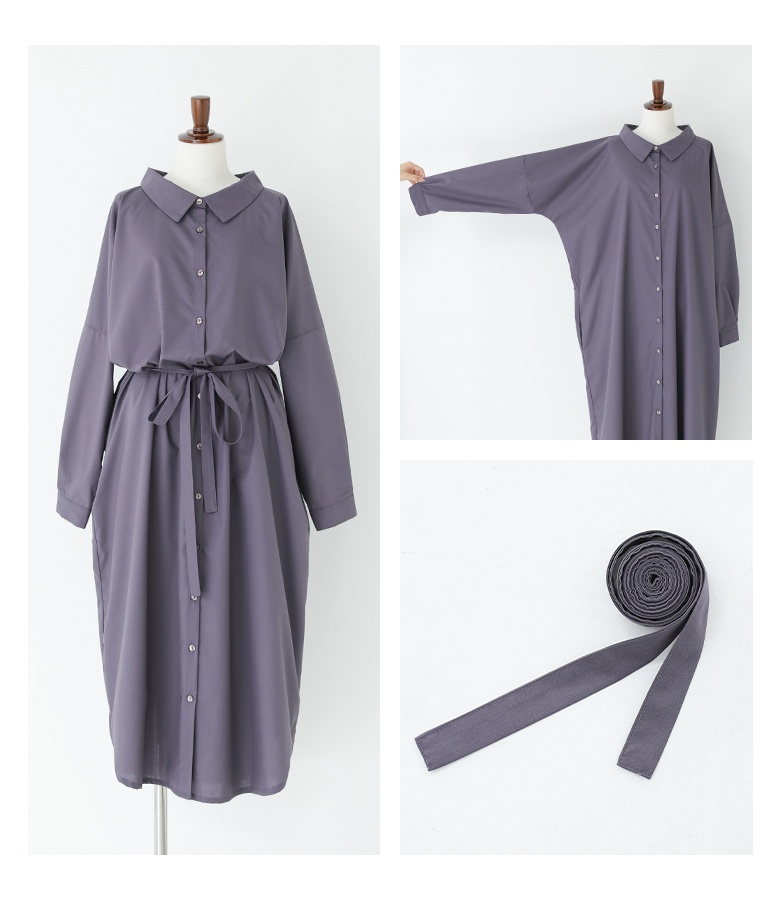 パープル シャツワンピース 長袖 ウエストリボン付き ウエスト紐リボンでメリハリシルエット紫シャツワンピース | silvia