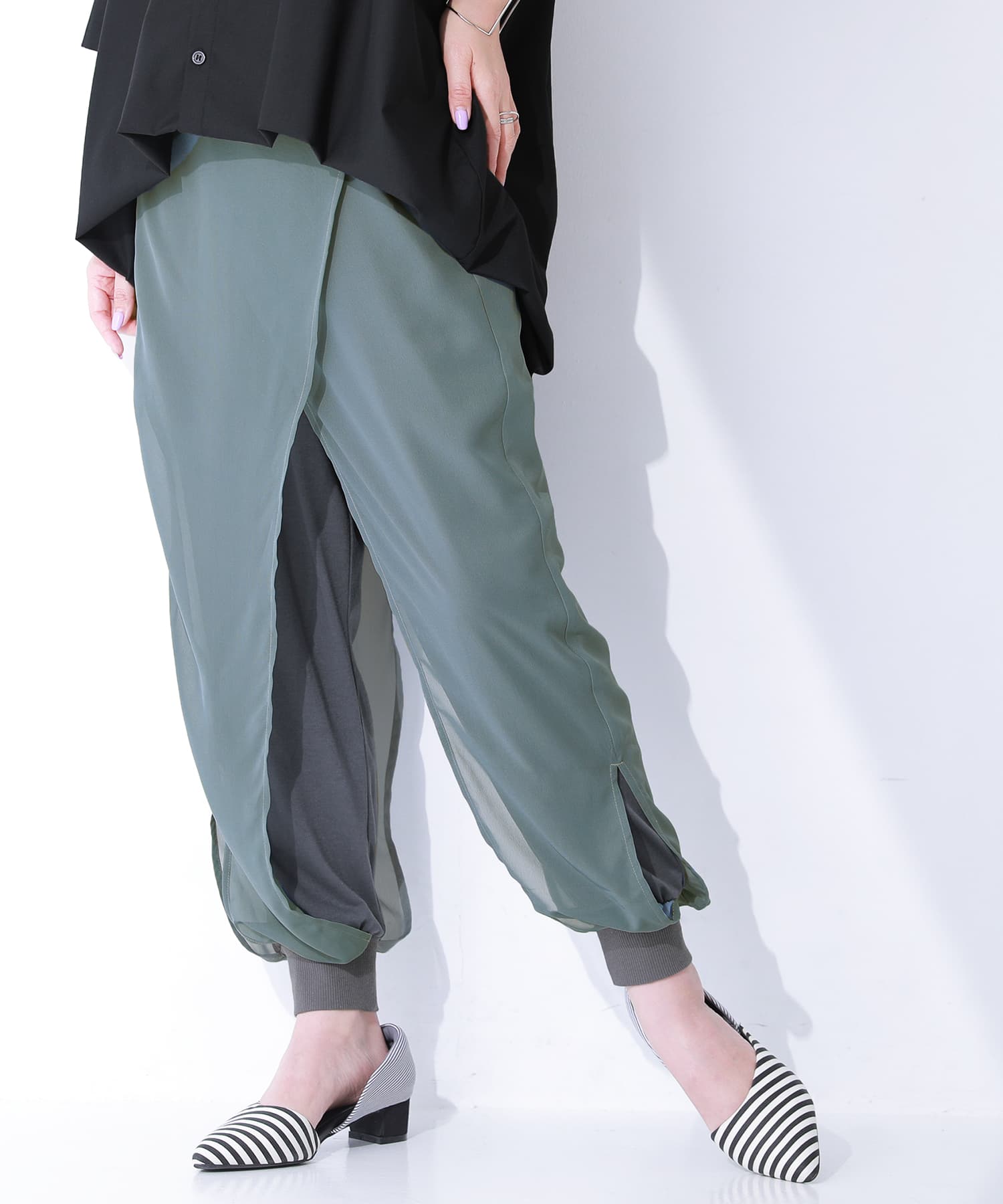 ♦【アコーレ】ベージュ サルエルパンツ 調整可能ウエスト¥15,000 osharewalker レディース ボトムス 春夏 サルエル シフォン 透け